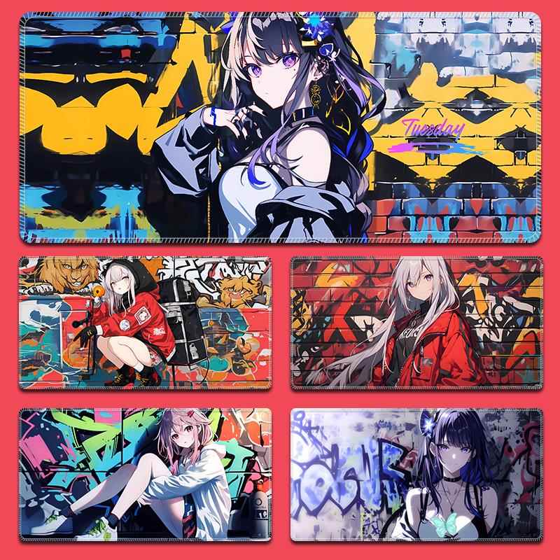 涂鸦风鼠标垫二次元电竞桌垫超大号键盘垫加厚锁边防滑定制可水洗