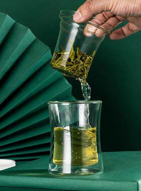 PINZTEA茶水分离双层束腰玻璃杯外出家用可携式过滤透明泡茶水杯
