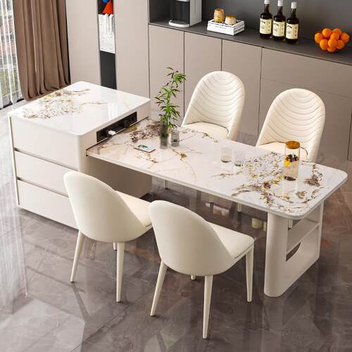 奶油风岩板岛台餐桌一体家用可伸缩小户型高端轻奢饭厅实木中岛台