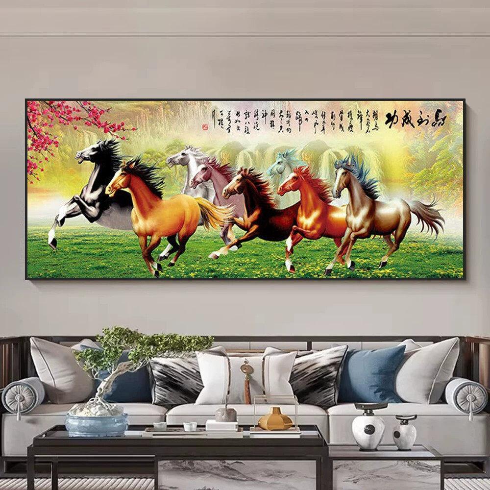 马到成功挂画骏马沙发八骏图中式装饰画书房客厅图背景墙旭日东升