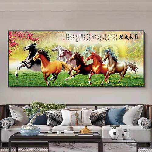 马到成功挂画骏马沙发八骏图中式装饰画书房客厅图背景墙旭日东升