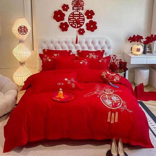 大0红色1支长绒棉婚庆件套结婚床陪0嫁龙凤刺绣纯棉六件四xiuse54