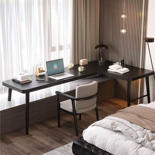 严选实木家用飘窗转角书桌卧室L型电脑桌窗台黑色双人办公写字桌