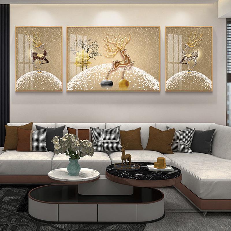 轻奢客厅装饰画现代简约三联画 麋鹿主题晶瓷手工镶钻画 沙发背景