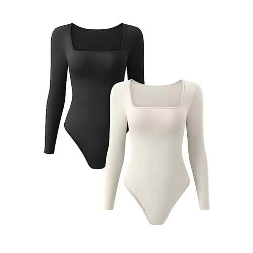 Women'S Plain Long Sleeve Crop Fitted Shapewear Bodysuit