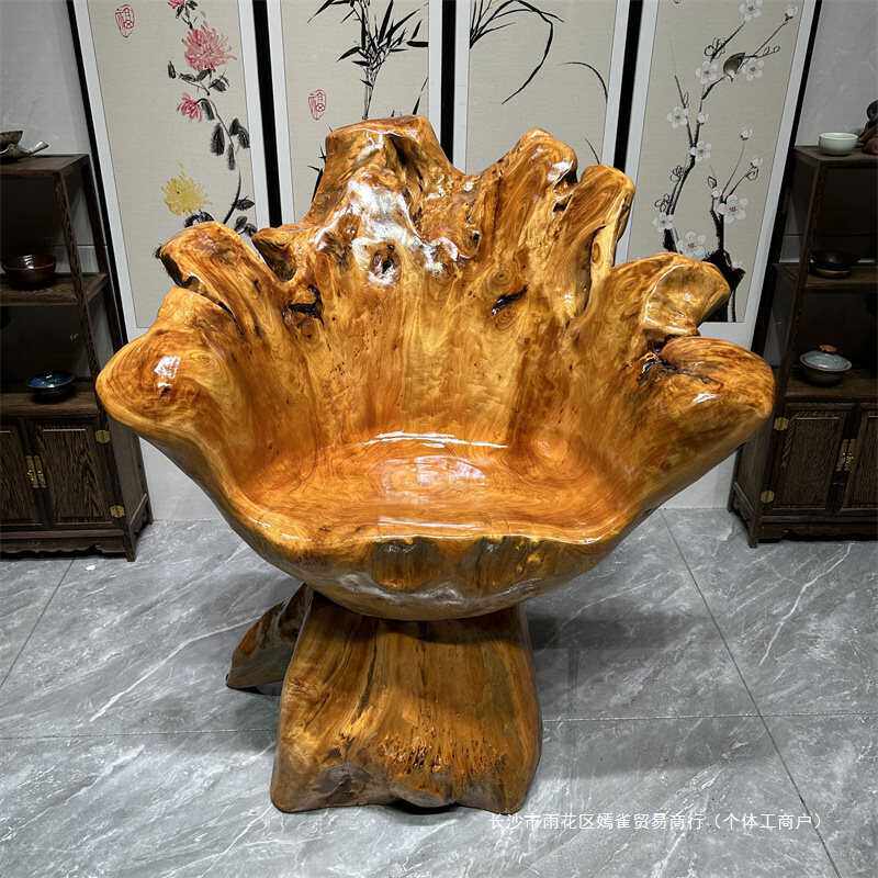 原木根雕靠背椅 木头凳子大板茶桌茶几主人椅实木树根杉木转椅子