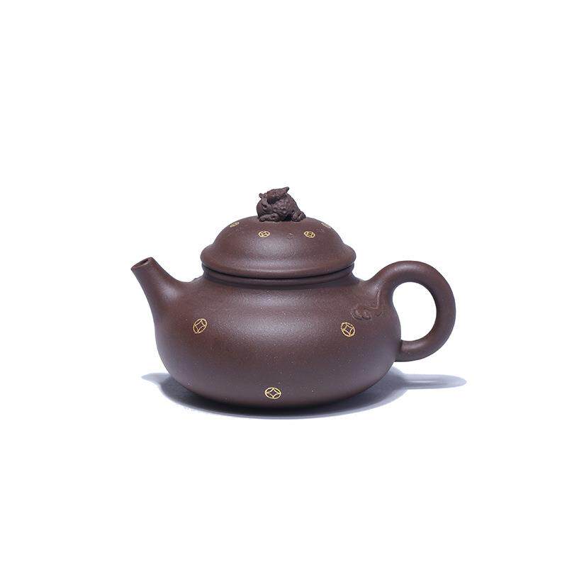 高端紫砂壶纯手工泡茶壶茶具雕塑 原矿宜兴老紫泥描金金蟾190ML