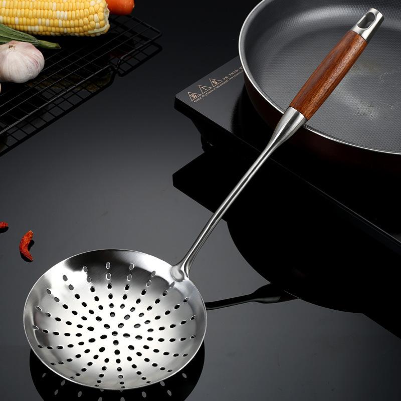不锈钢火锅04不锈饺子大号厨具勺捞捞面木柄漏勺大花梨油炸面勺