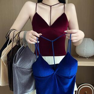 秋冬金丝绒美背上衣女带胸垫一体纯色打底外穿V领性感小吊带背心