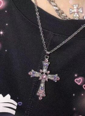 Pink diamond cross necklace women微镶西米亚风粉钻十字架项炼