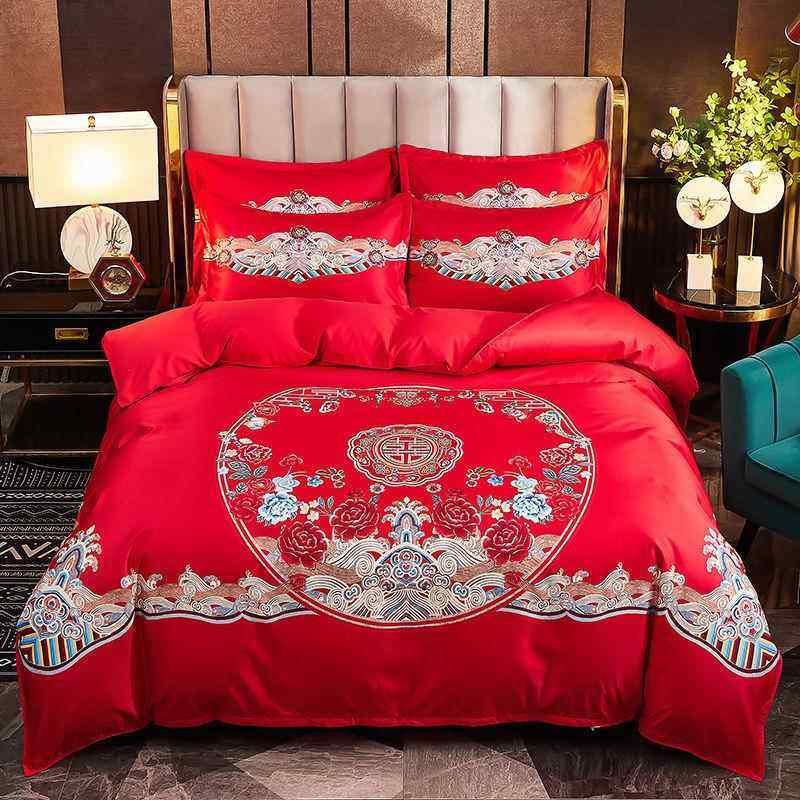 E4C件婚庆四子套大红色结婚单被套家纺加厚磨毛被被床罩冬hHPXbcJ