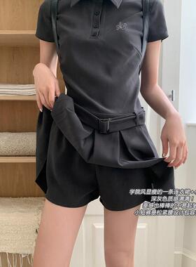 宋正恩polo领短袖衬衫洋装女夏季学院风气质收腰百褶灰色短裙子
