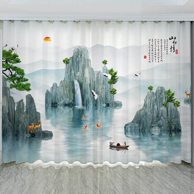 新中式风景水墨山水画 画中国风客厅阳台茶室隔断窗纱帘窗帘纱帘
