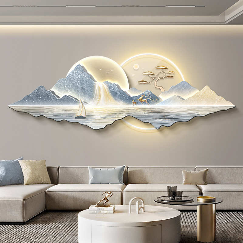 现代轻奢客厅装饰挂画高档大气山水画沙发背景墙简约壁画灯寓意好