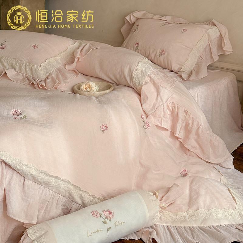 少女心春夏纯棉皱皱纱四件套法式玫瑰刺绣蕾丝被套床上用品粉蓝色