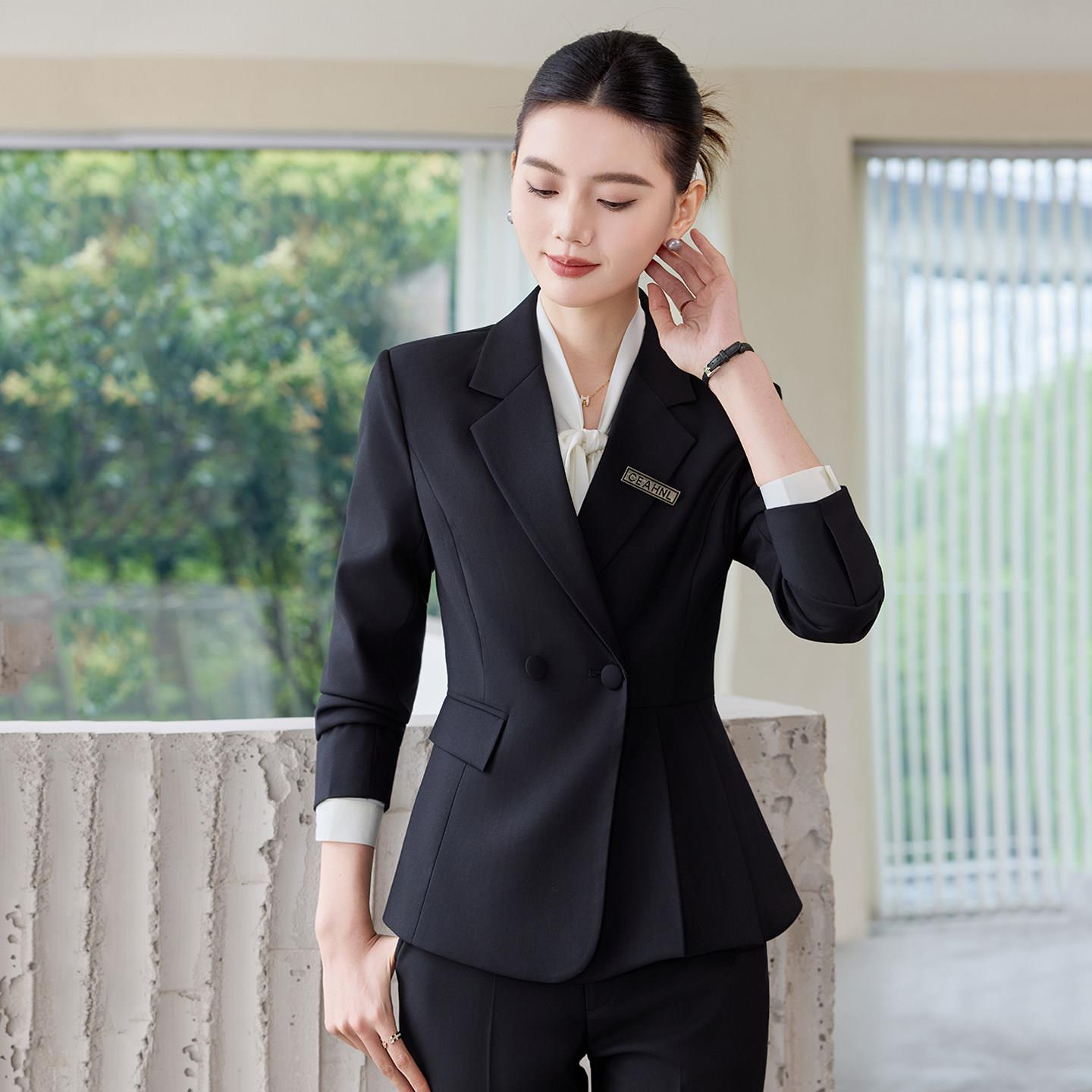 黑色职业西装套装女2025新款春秋季高级感主持人正装美容院工作服