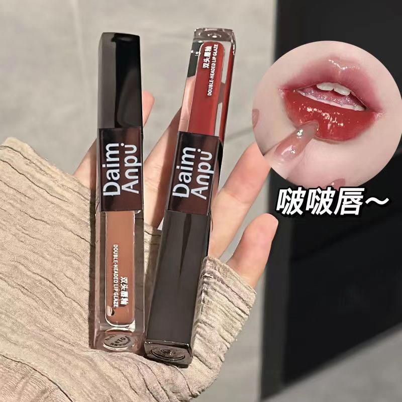 奶茶色双头唇釉镜面水光透明唇蜜玻璃唇哑光唇泥口红不沾杯学生女