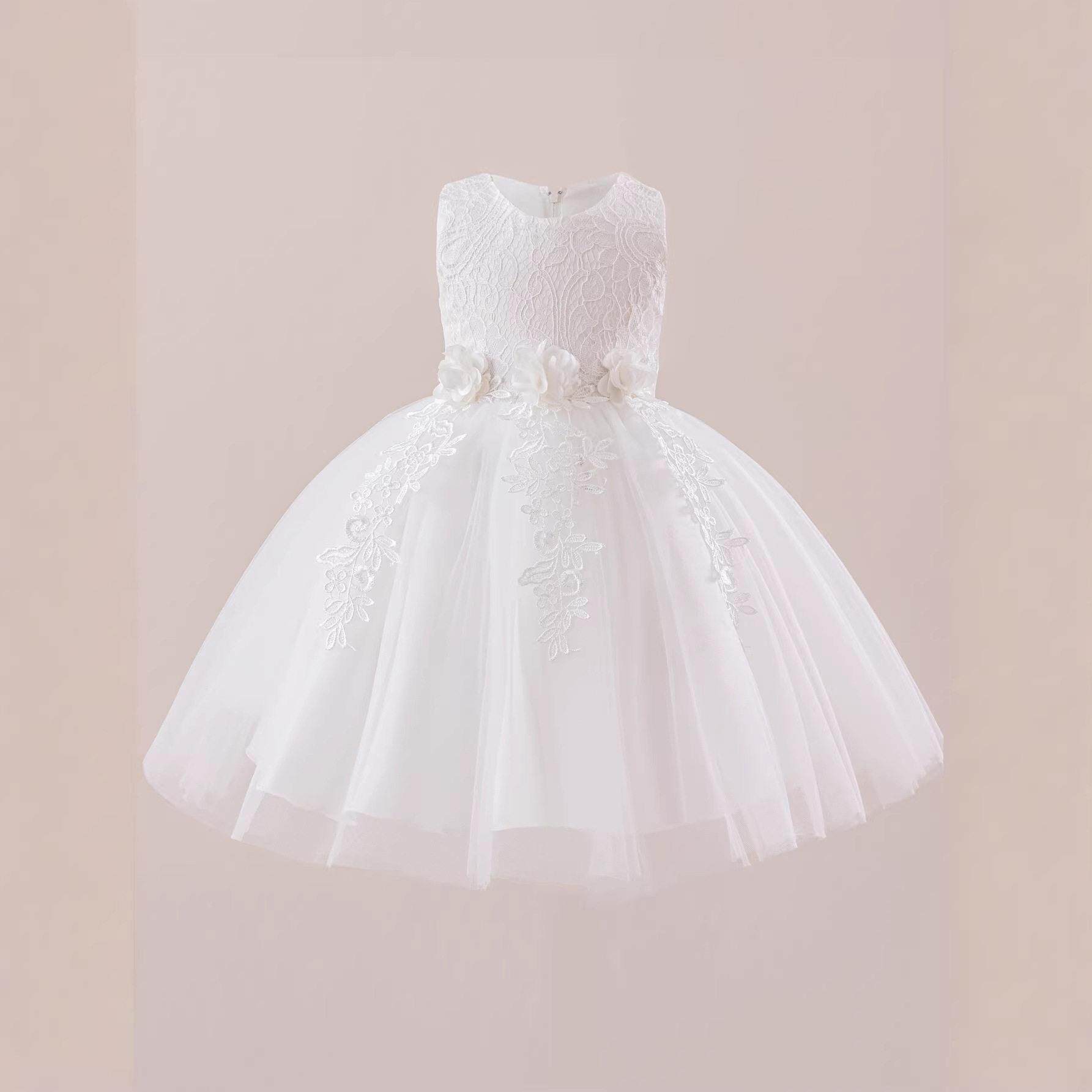 跨境女童礼服连衣裙儿童白色节日演出服蓬蓬纱花童礼服裙外贸现货