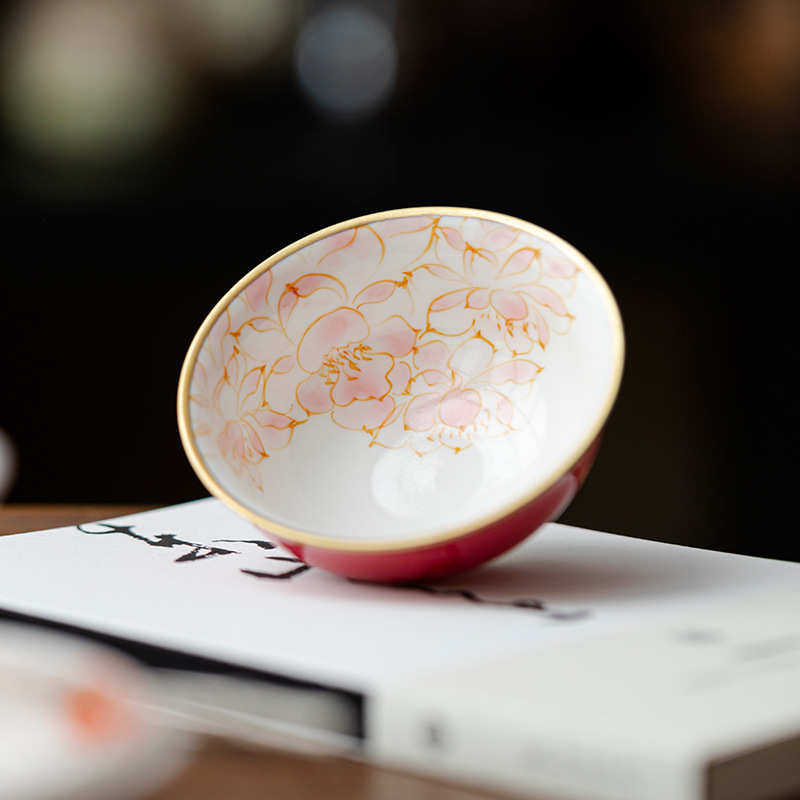 言弥莲家用品茗家用茶杯红釉下胭脂杯彩高档手绘主人瓣描金杯大号图片