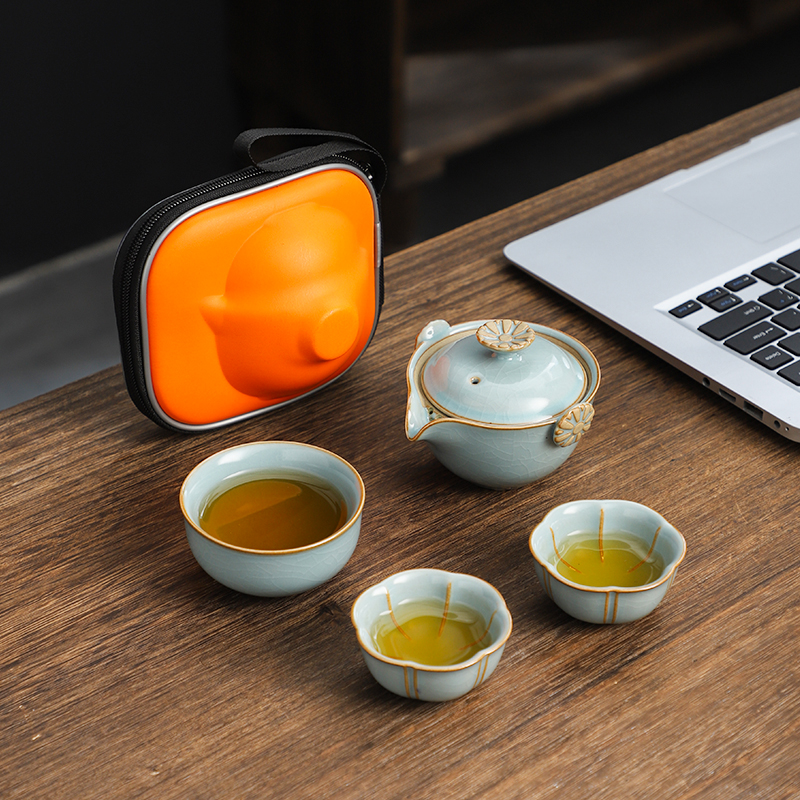 天青汝窑旅行茶具一壶三杯套装快客杯户外随身旅游露营便携装备