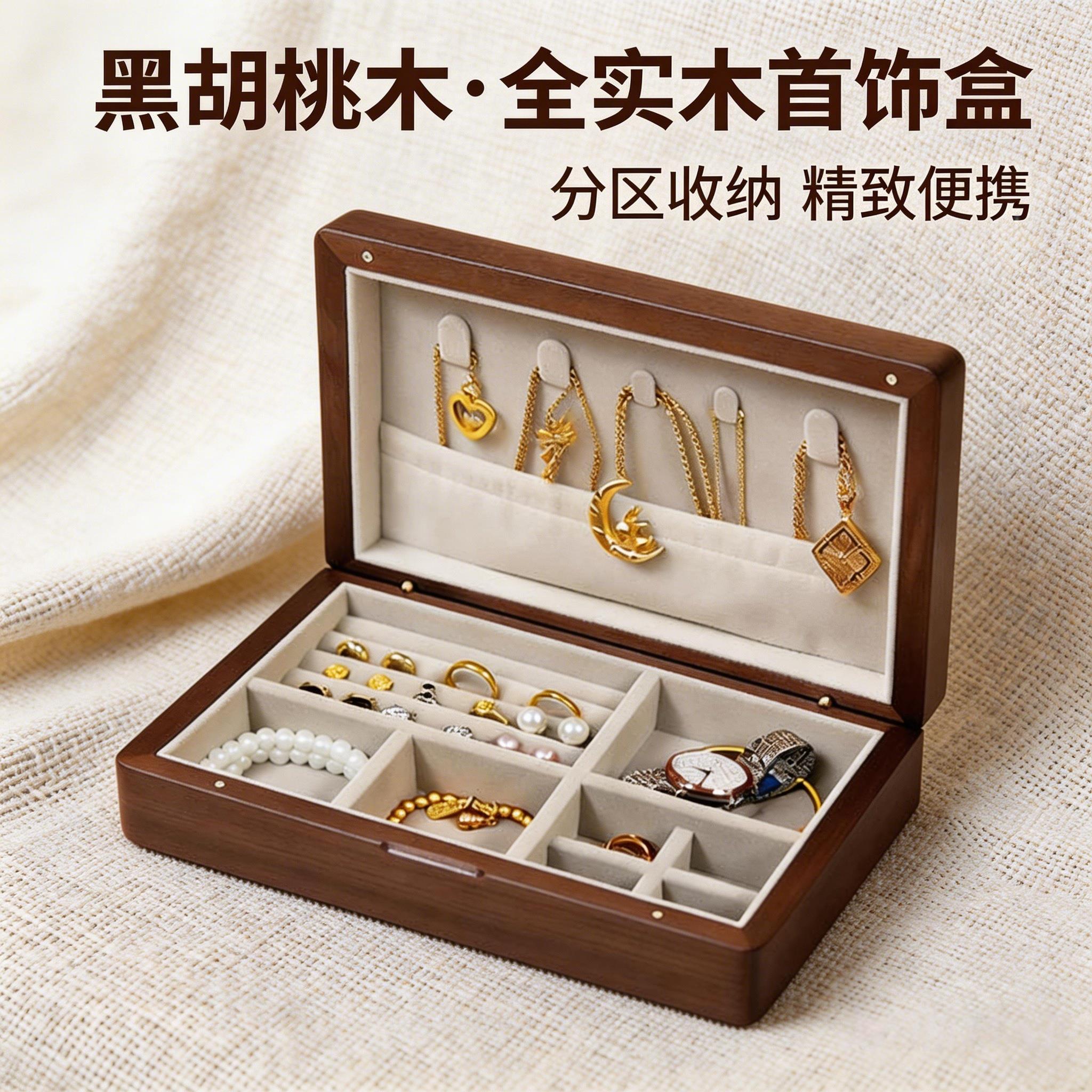 单层胡桃木首饰盒实木简约首饰盒耳环项链戒指精致复古盒子