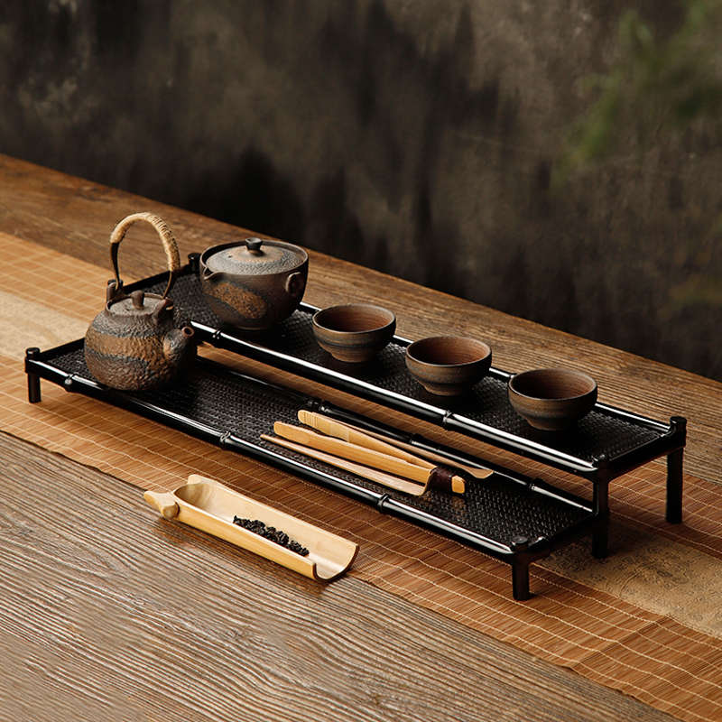 PK7J紫竹茶棚博古架 功夫茶具收纳竹茶道零配 实木杯垫茶杯架茶托
