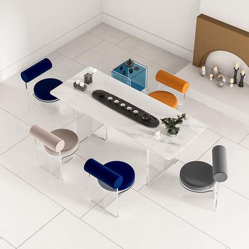 亚克力悬浮茶桌组椅岩板现代简约BZY轻台合奢高端大气办阳公室家