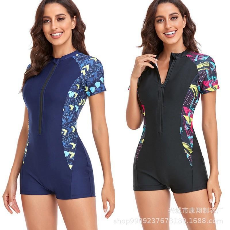 Swimsuit tight one-piece zippered boxer short sleeve