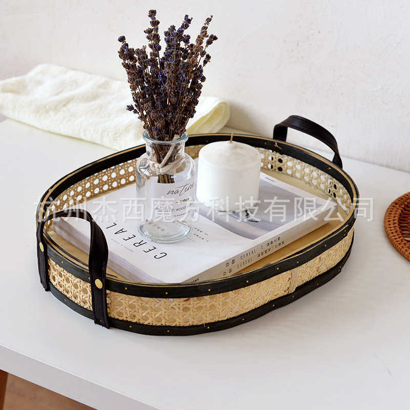 藤编六角网眼黑边带皮提手椭圆形收纳筐大篮家居服杂物食品收纳