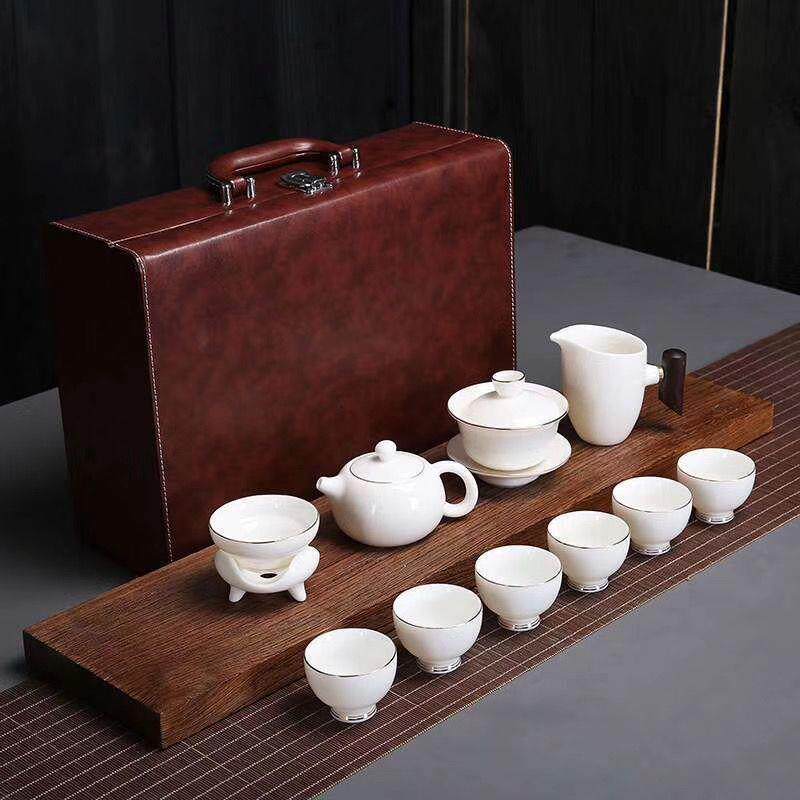 羊脂玉瓷堆金茶具套装家用描金个性木柄公道杯茶壶功夫喝茶杯盖碗