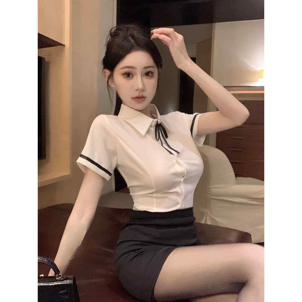 夏季女性性感修身衬衫、臀部裙、Jk套装、制服、职业工作服、时尚 - 实物图