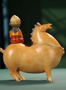 直销新款黄铜马上封侯彩铜摆件创意新中式工艺品铜马悟空家居客厅