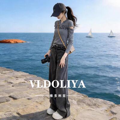 VLDOLIYA维多利亚显瘦早春设计感长袖T恤牛仔裤休闲运动套装女