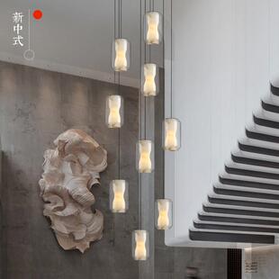跨境新中式 旋转楼梯吊灯别墅客厅玻璃灯罩云石创意长线灯 简约复式