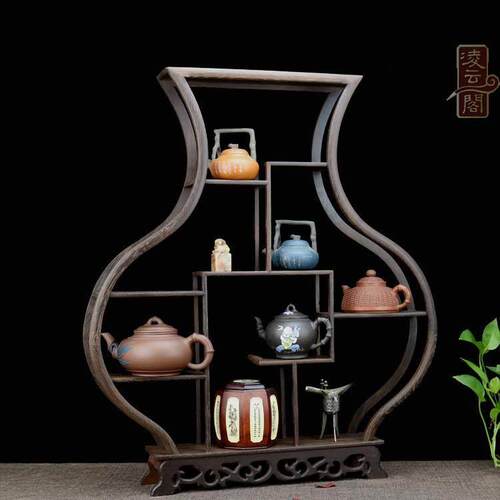 鸡翅木小博古架茶壶架子红木中式多宝阁实木展示架古董摆件架扇形