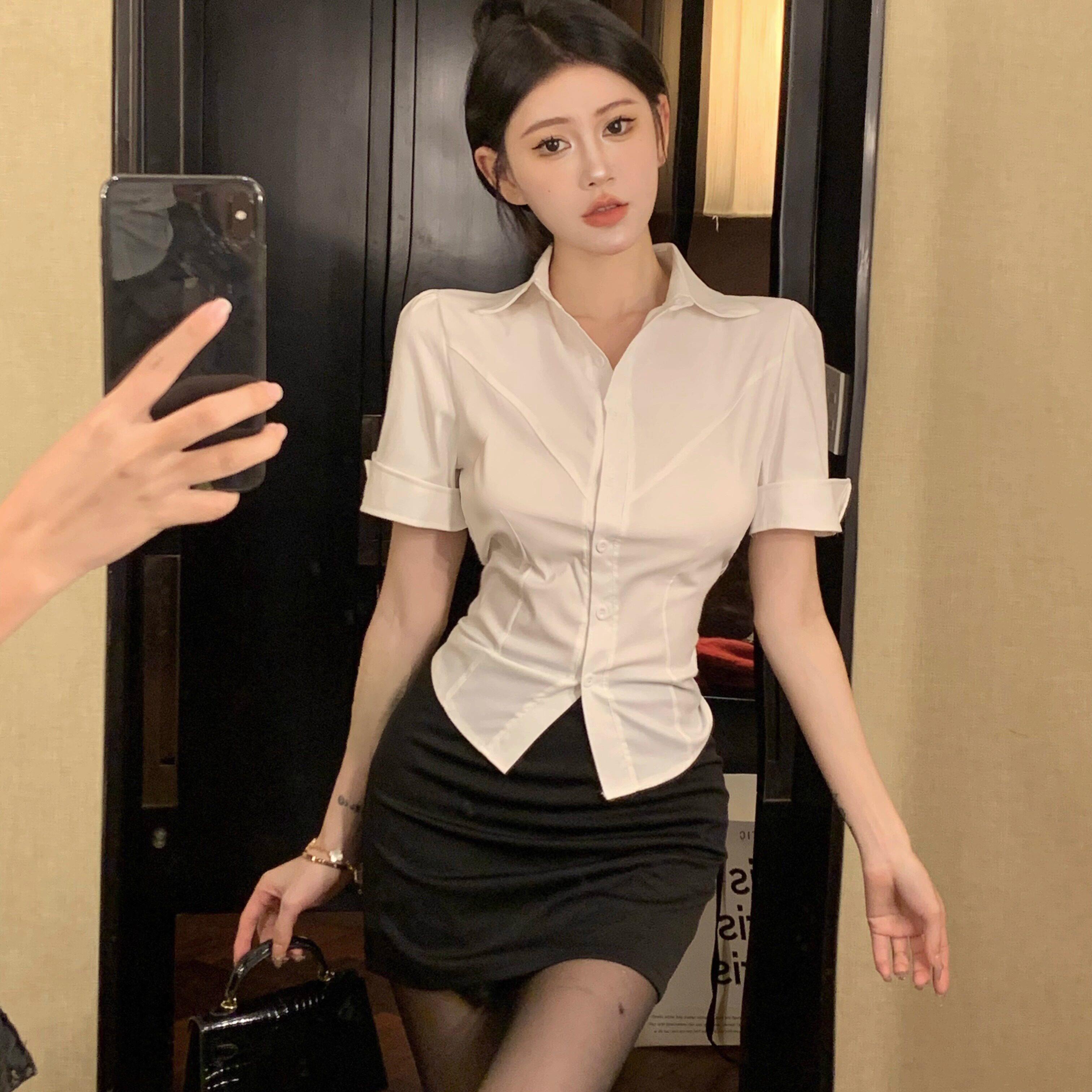 御姐风秘书白衬衫纯欲制服女春秋大码职业性感修身显瘦收腰上衣
