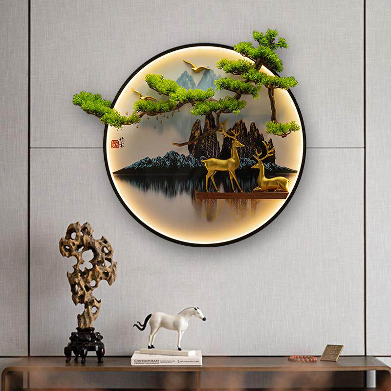 新中式装饰画 画带灯玄关客厅沙发背景墙上立体迎客松圆形山水挂