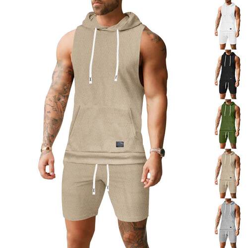 Sleeveless knitted hooded sleeveless vest shorts set for