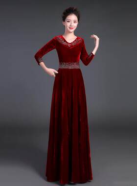 正品采购产品丝绒年合女唱服，合唱服金，长裙，成中老年妇合唱表