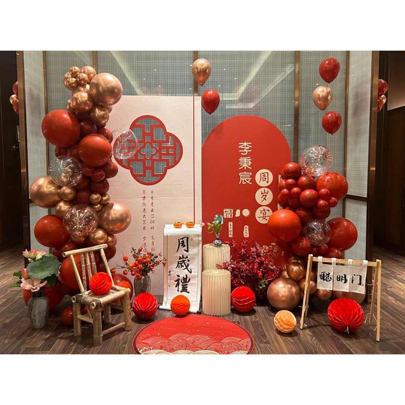 新中式红色男宝宝一周岁抓周礼酒店包厢仪式感女孩子生日气球布置