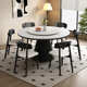 侘寂风黑色岩板餐桌椅组合北欧奶油风家用实木圆形圆桌带转盘饭桌