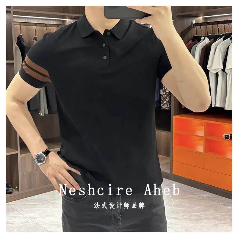 Neshcire Aheb 夏季纯棉短袖t恤新款高端商务休闲男士黑色polo衫