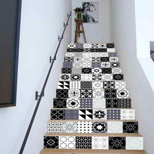 黑白复古简约图案楼梯贴楼梯台阶翻新改造墙贴自粘可移除PVC壁画