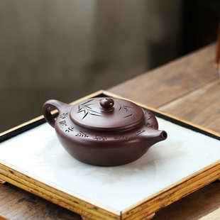 竹影扁晨茶壶功夫茶具 批发宜兴原矿陈腐百目老紫泥全手工紫砂壶
