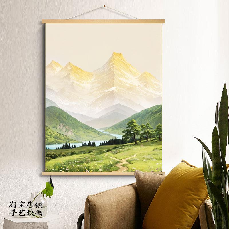 奶油风日照金山客厅卧室装饰画聚宝盆过道风景油画山水画布艺挂画