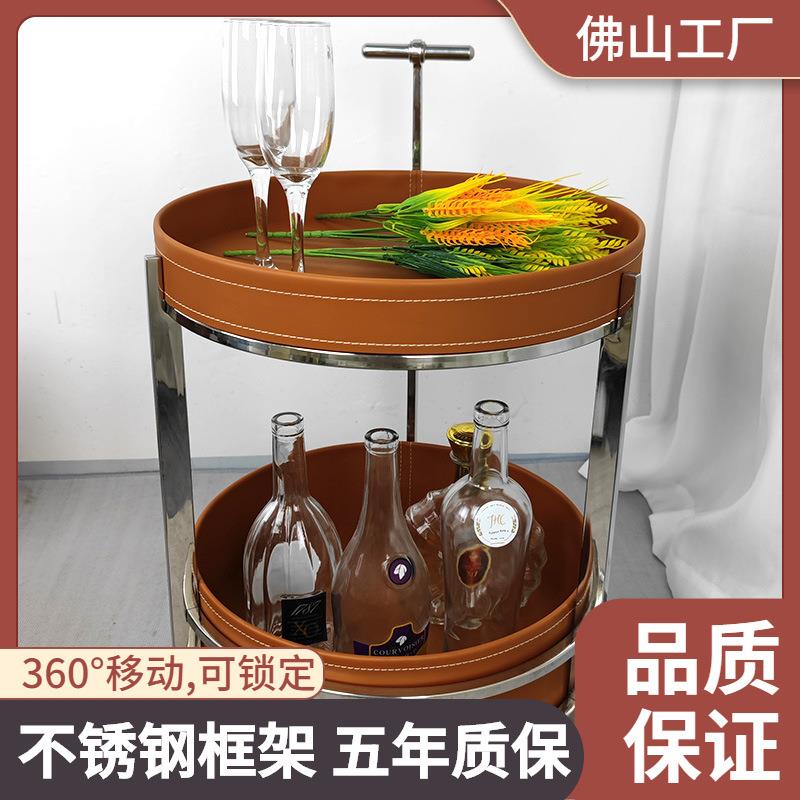 极简马鞍皮可移动沙发边几复中古双层储物圆形小推车轻奢角几收纳