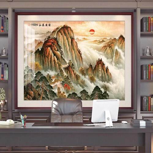 聚宝盆方形靠山图客厅办公室装饰风景画山水挂画沙发背景墙画国画