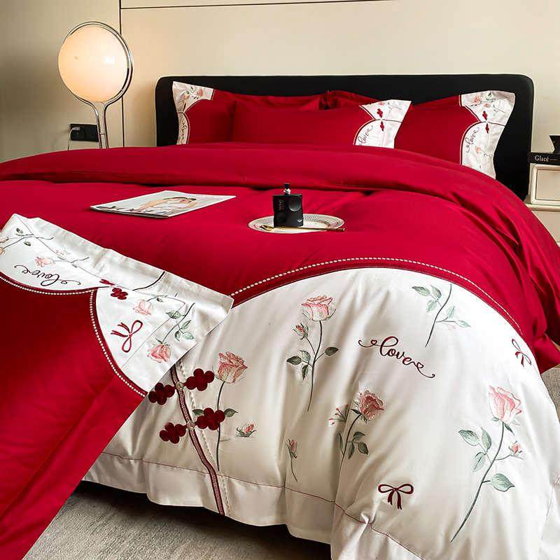 新中式160支长绒棉结婚四件套婚庆红色被套床单喜被婚房床上用品4,床上用品,婚庆床品套件,淘宝优惠券,粉丝福利购,淘宝优惠卷