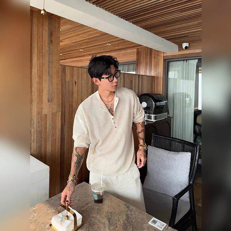 轻奢老钱风针织方格亨利领男士夏季薄款防晒上衣百搭纯色长袖T恤