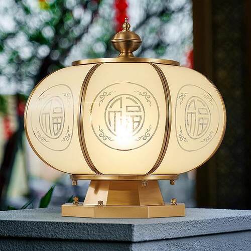 全铜福字太阳能柱头灯户外防水家用别墅庭院大门围墙圆形柱子灯